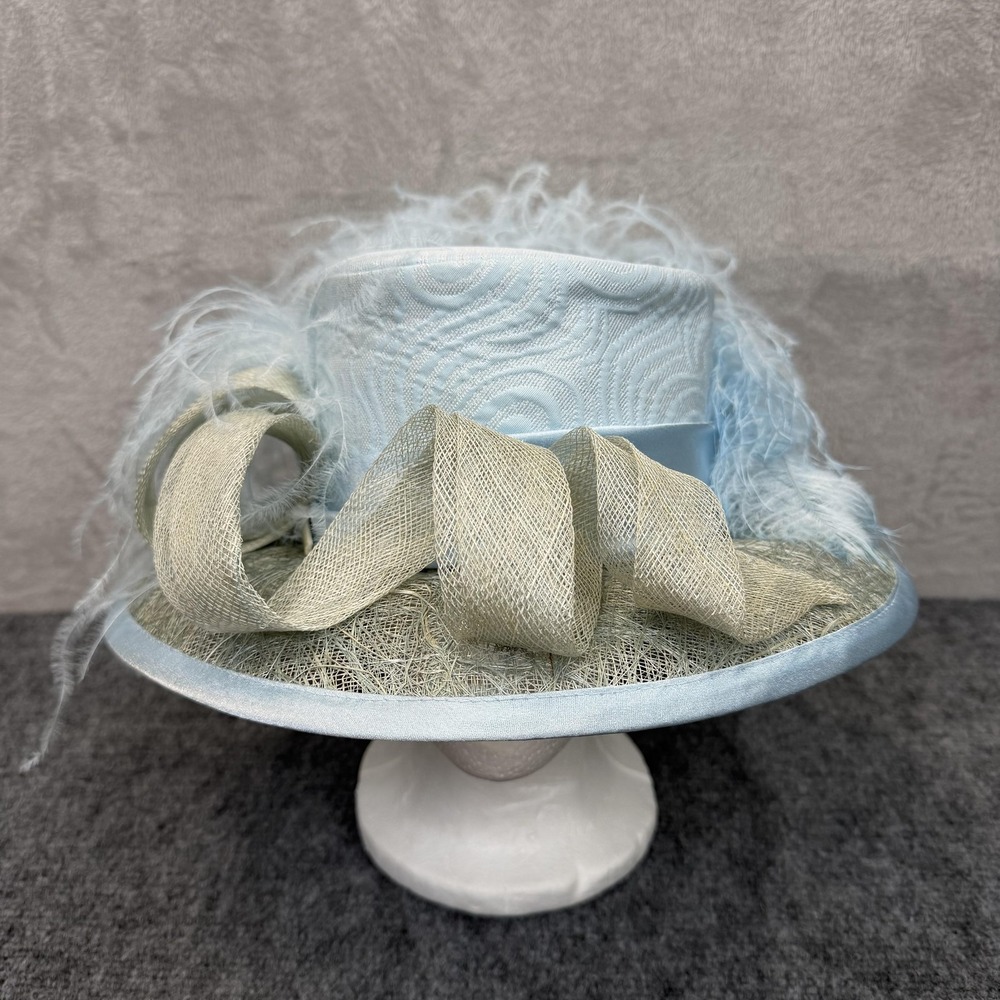 Elite Champagne Hat Sun‎ Womens Blue Wide Brim Bow Feathers Derby Church Wedding